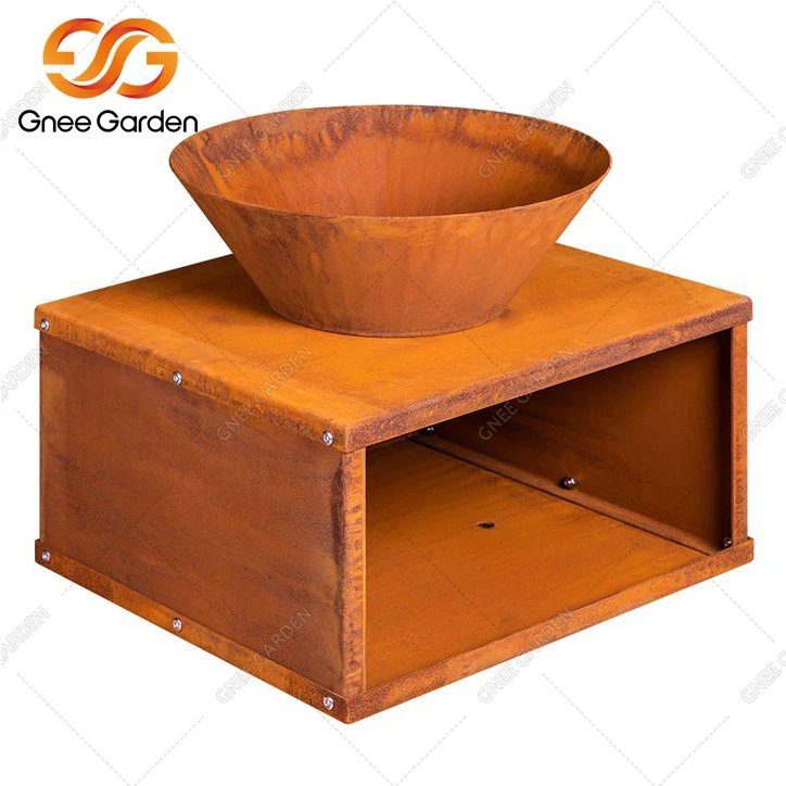 Corten Steel outdoor firepit With Wood storage3